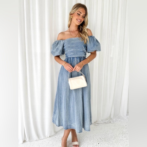 Off-Shoulder Balloon Sleeve Denim Dress - Picture 5 of 5